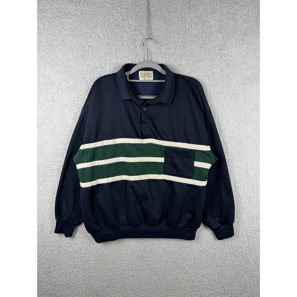 Vintage Rumors Men's XL Navy Green Striped Long Sleeve Polo Sweatshirt